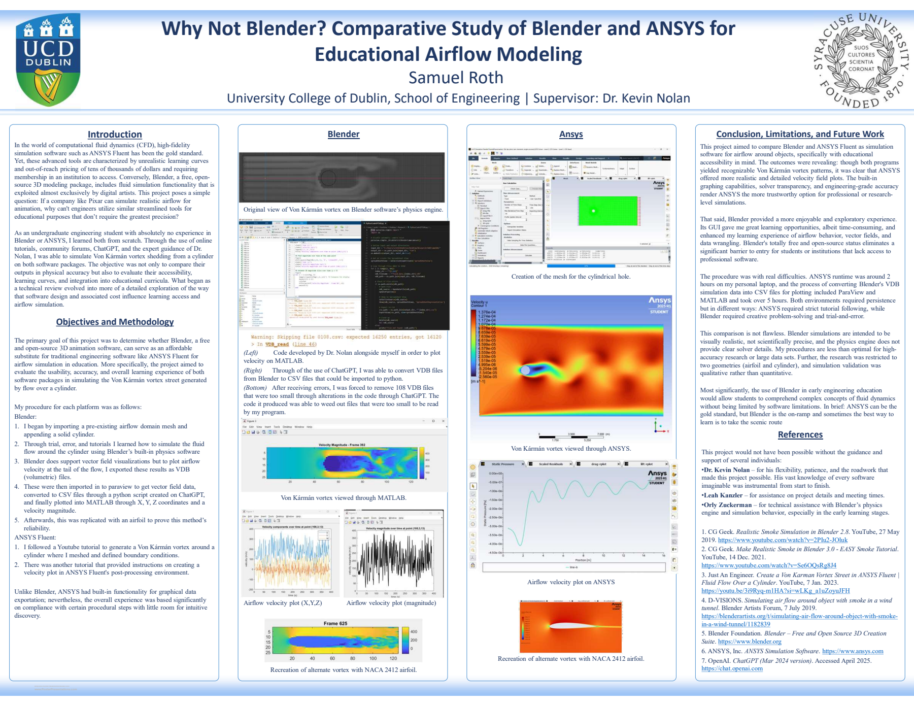 Research poster comparing Blender and Ansys Fluent, with simulation images and velocity plots